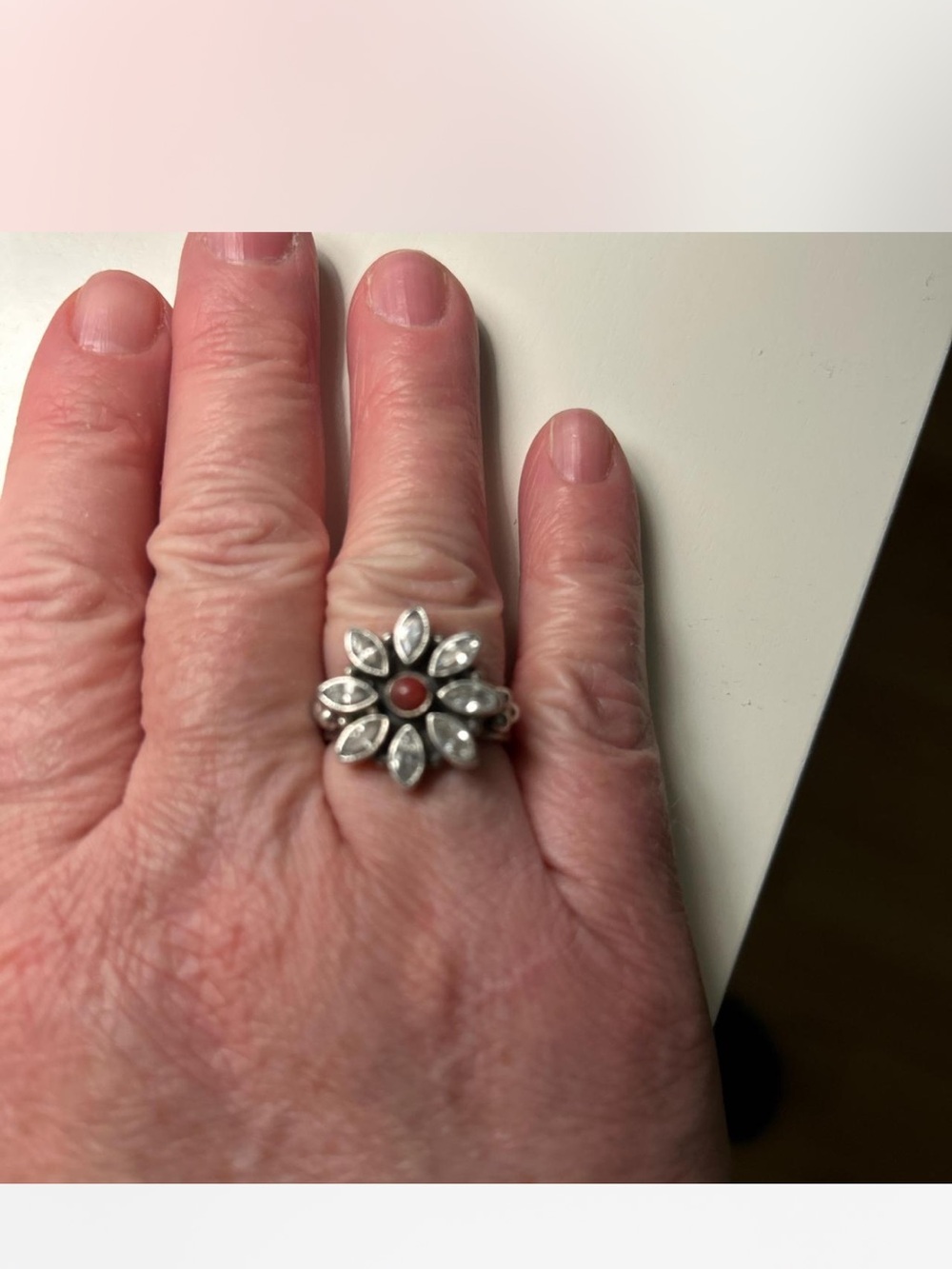 Sterling Silver Floral Ring with Red Ruby Center
